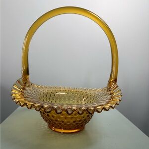 Fenton Amber Hobnail Basket — Vintage Mid-Century ruffled Glass decor